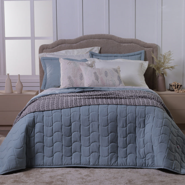 Kit Cobre Leito + Jogo cama King Harmony Dupla Face 400 Fios 07 Peças - Verde Malva / Cinza