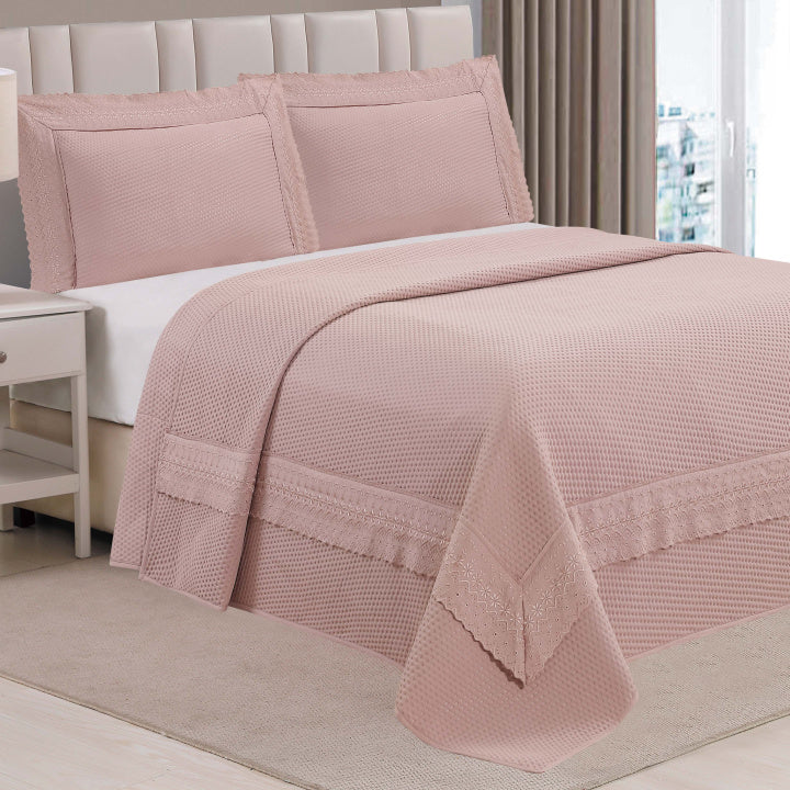 Cobre Leito Percal 300 Fios C/ Bordado Inglês Toque de Pluma Queen Majestic 03 Peças - Malva