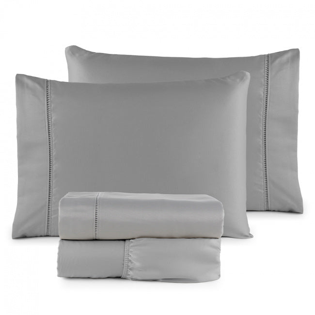 Roupa de Cama Lençol Solteiro Suavit Percal 400 Fios Ponto Palito 03 Peças - Cinza