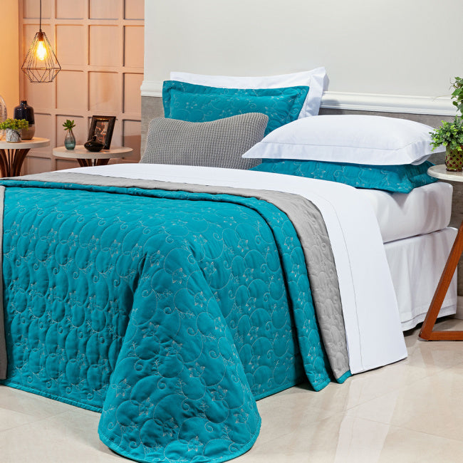 Cobre Leito Super King Bordado Bouti Dupla Face Percal 400 Fios 3,15m x 2,70m 03 Peças - Verde