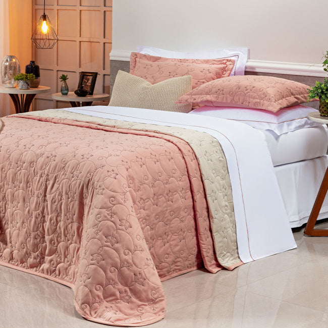 Cobre Leito Super King Bordado Bouti Dupla Face Percal 400 Fios 3,15m x 2,70m 03 Peças - Rosê