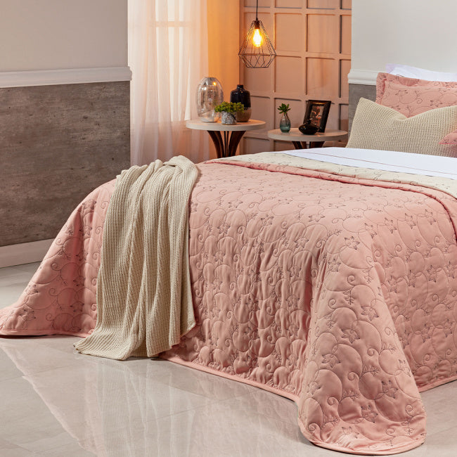 Cobre Leito Super King Bordado Bouti Dupla Face Percal 400 Fios 3,15m x 2,70m 03 Peças - Rosê