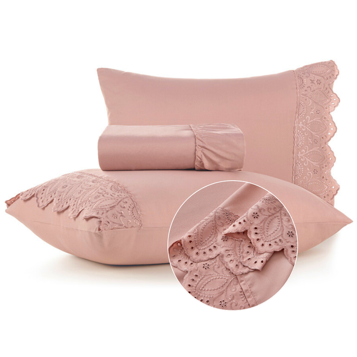 Jogo de Lençol Veneza 3 Peças Casal 300 Fios Percal Bordado Rosa
