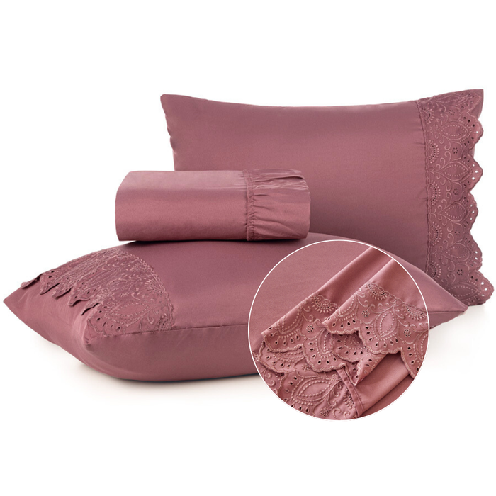 Jogo de Lençol Veneza 3 Pçs Queen 300 Fios Percal Bordado Blush