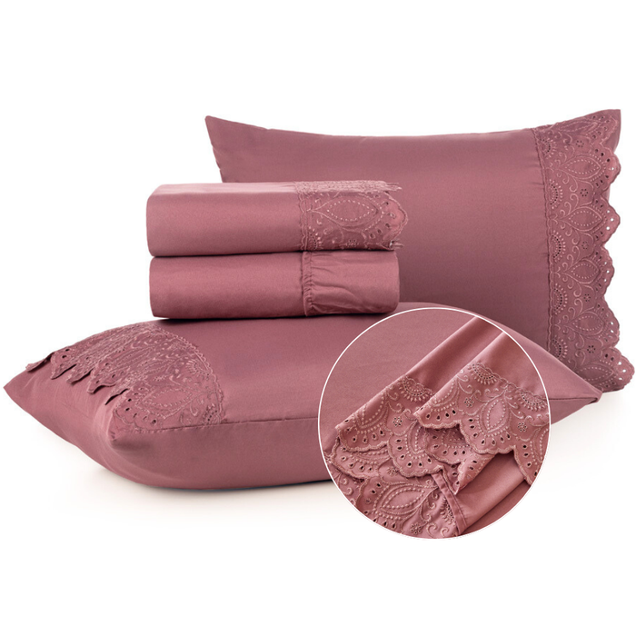Jogo de Lençol Veneza Queen 4 Peças 300 Fios Percal Bordado Blush