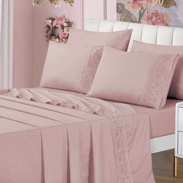 Jogo Cama Percal 300 Fios C/ Bordado Inglês Ponto Cheio Requinte Queen 04 Peças - Malva
