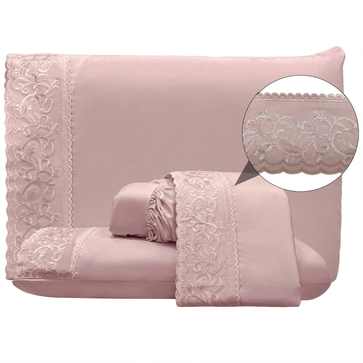 Jogo Cama Percal 300 Fios C/ Bordado Inglês Ponto Cheio Requinte Queen 04 Peças - Malva