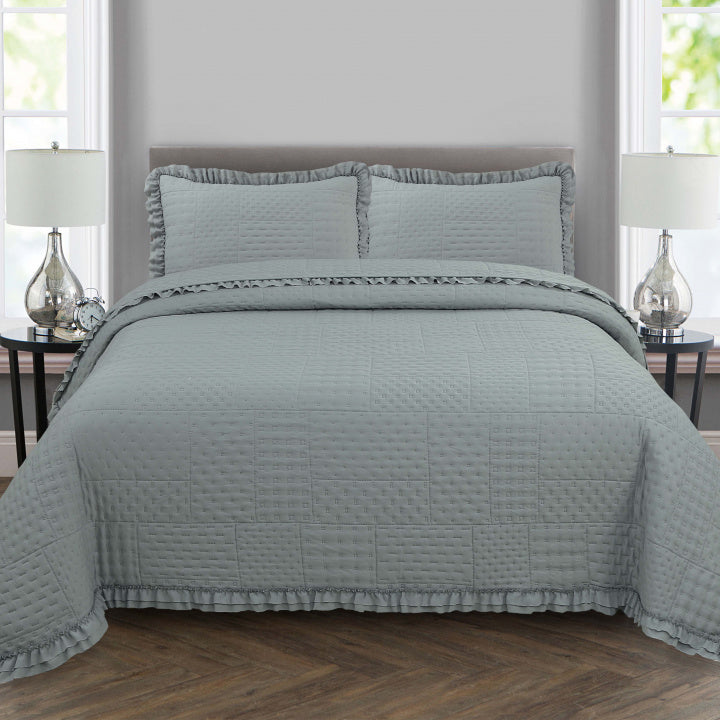 Kit Colcha Percal 300 Fios C/ Babado King Bellini 3 Peças - Cinza