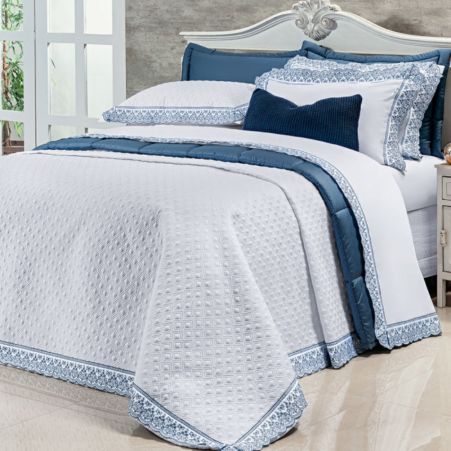 Cobre Leito Casal Super King Lácio Tecido 400 Fios Egípcio 03 Peças - Branco / Azul