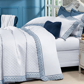 Cobre Leito Casal Queen Lácio Tecido 400 Fios Egípcio 03 Peças - Branco / Azul