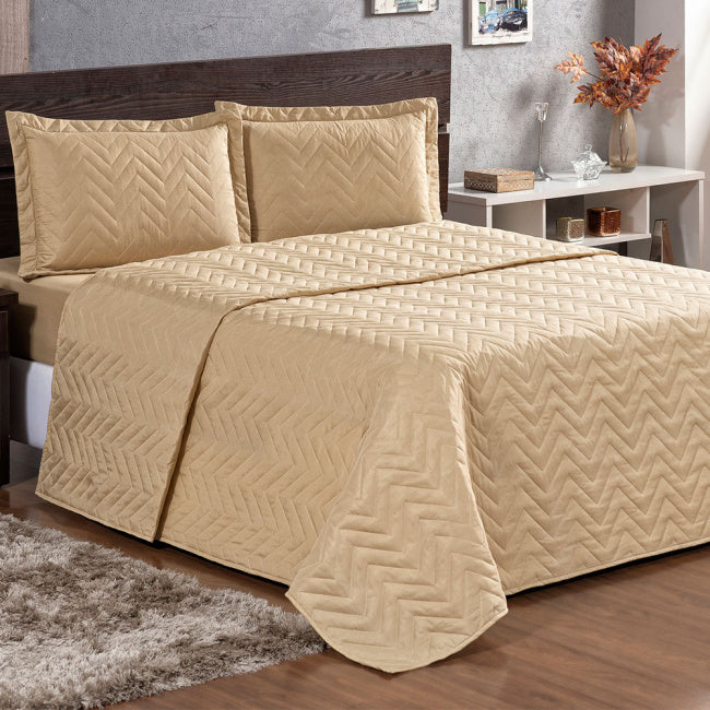 Cobre Leito Casal King Pratic Matelado Chevron 03 Peças - Avelã