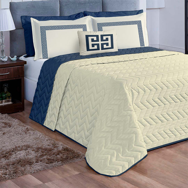 Cobre Leito Casal Grecco Dupla Face 07 Peças - Azul Marinho