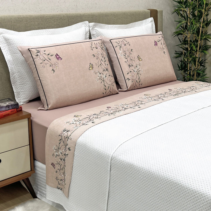 Kit Cobre Leito + Jogo Cama Percal 300 Fios Florata King 07 Peças - Branco C/ Malva