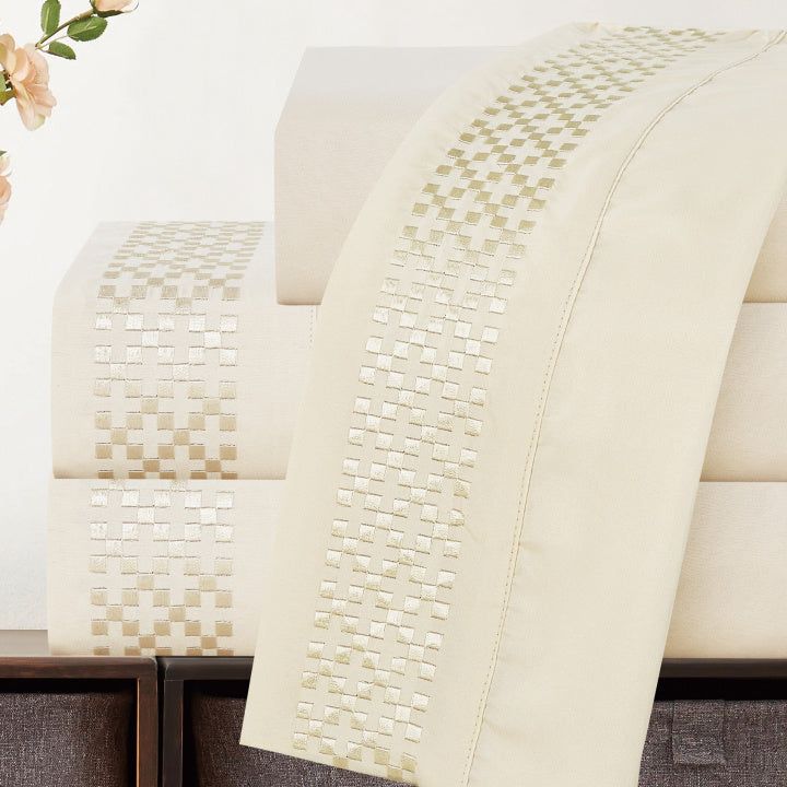 Jogo Cama Percal 300 Fios C/ Guipir Florença Queen 04 Peças - Areia