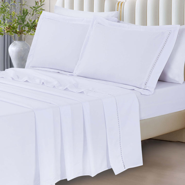 Jogo Cama Percal 300 Fios C/ Guipir e Fronhas C/ Aba Luxury Queen 04 Peças - Branco