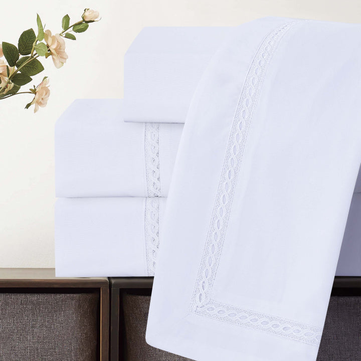 Jogo Cama Percal 300 Fios C/ Guipir e Fronhas C/ Aba Luxury King 04 Peças - Branco