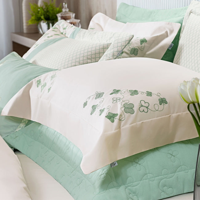 Roupa de Cama Casal King Clara 200 Fios 100% Algodão 04 Peças - Palha / Verde