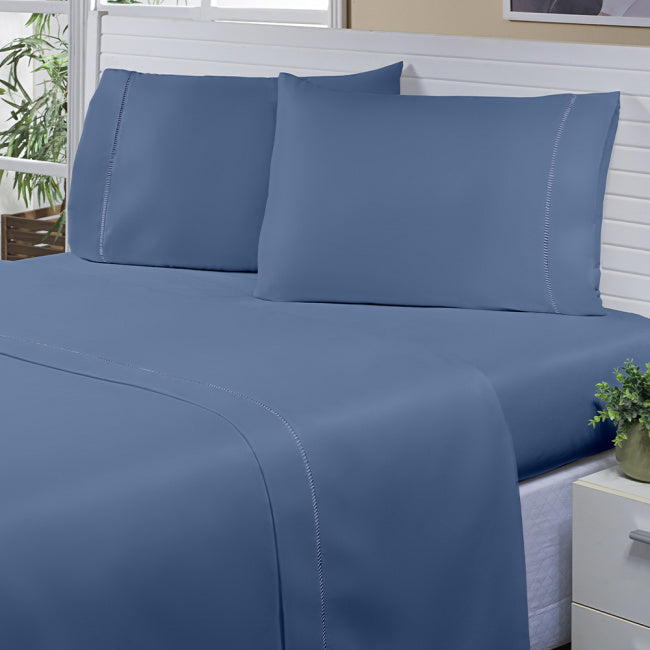 Roupa de Cama Lençol Solteiro Suavit Percal 400 Fios Ponto Palito 03 Peças - Azul