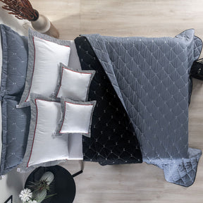 Cobre Leito Queen Renove Dupla Face Bordado Hipercal 400 Fios 07 Peças - Preto / Cinza