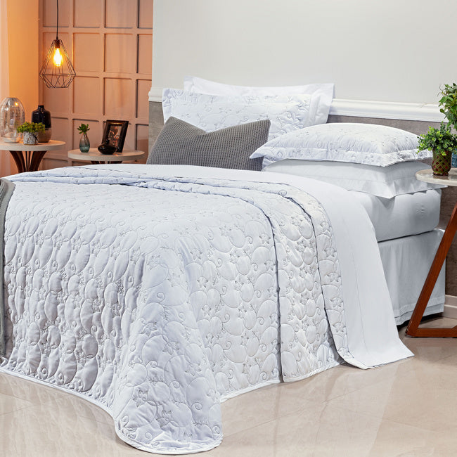 Cobre Leito Queen Bordado Bouti Dupla Face Percal 400 Fios 2,60m x 2,40m 03 Peças - Branco