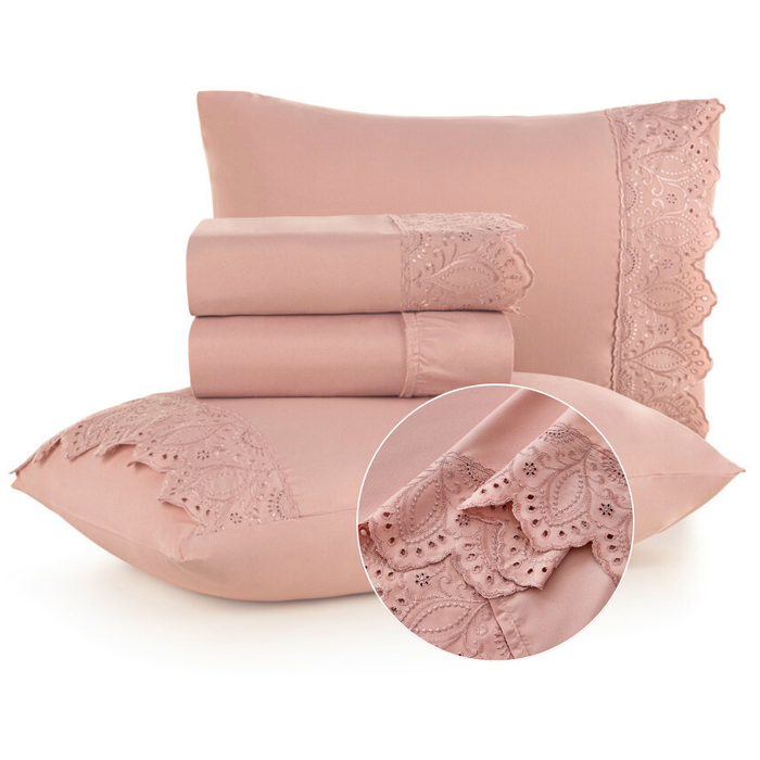 Jogo De Lençol Veneza Queen 4 Peças 300 Fios Percal Bordado Rose