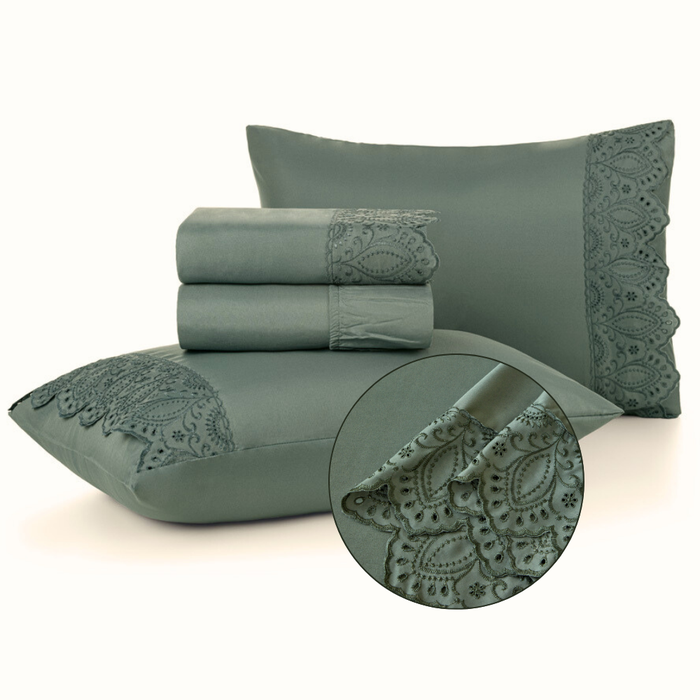 Jogo De Lençol Veneza Casal 4 Peças 300 Fios Percal Bordado Pistache