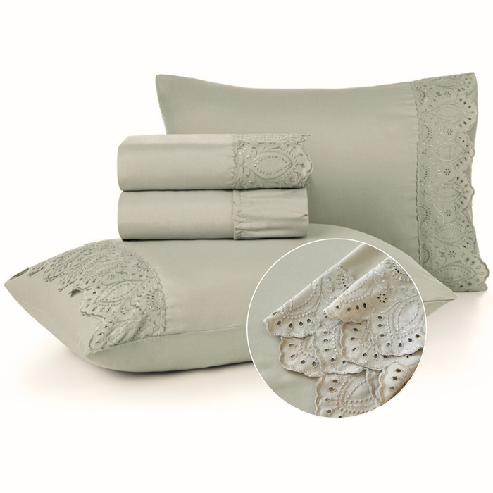 Jogo De Lençol Veneza Queen 4 Peças 300 Fios Percal Bordado Tofu