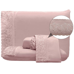 Jogo Cama Percal 300 Fios C/ Bordado Inglês Ponto Cheio Requinte Queen 04 Peças - Malva