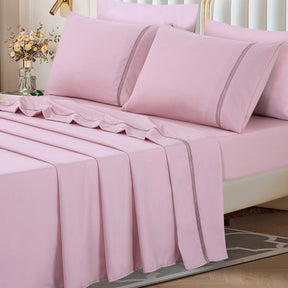 Jogo Cama Percal 300 Fios C/ Guipir Paris Casal 04 Peças - Malva