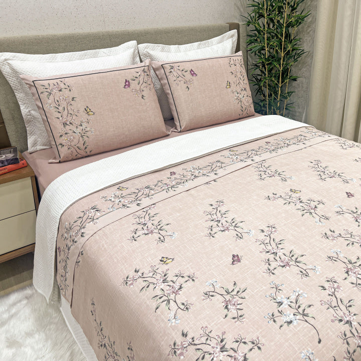 Kit Cobre Leito + Jogo Cama Percal 300 Fios Florata King 07 Peças - Branco C/ Malva