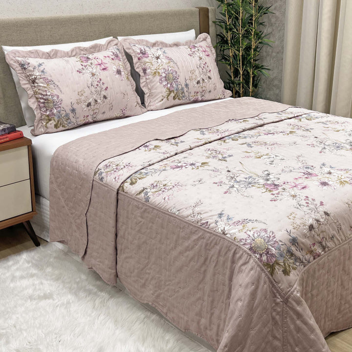 Kit Colcha Tropical Percal 300 Fios Estampada Dupla Face Casal Padrão 3 Peças - Floral Malva