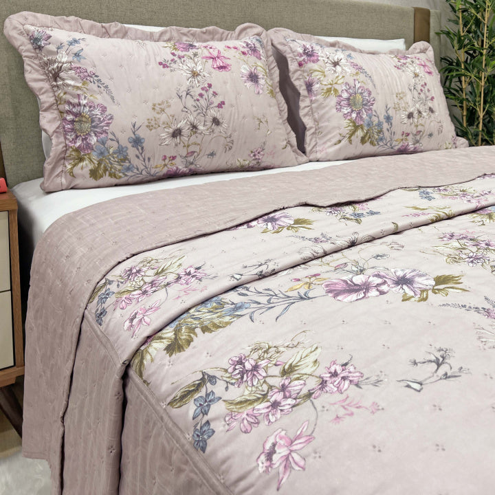 Kit Colcha Tropical Percal 300 Fios Estampada Dupla Face Casal Padrão 3 Peças - Floral Malva