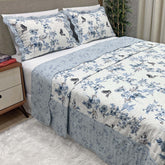 Kit Colcha Tropical Percal 300 Fios Estampada Dupla Face Queen 3 Peças - Floral Azul