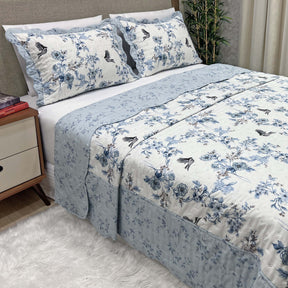 Kit Colcha Tropical Percal 300 Fios Estampada Dupla Face Queen 3 Peças - Floral Azul