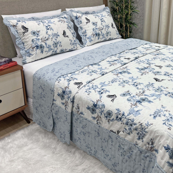 Kit Colcha Tropical Percal 300 Fios Estampada Dupla Face Queen 3 Peças - Floral Azul