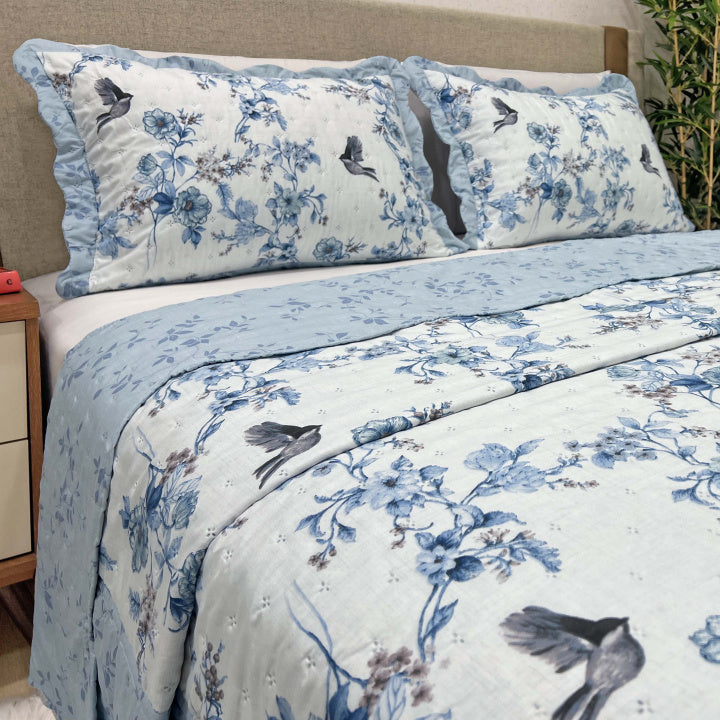 Kit Colcha Tropical Percal 300 Fios Estampada Dupla Face Queen 3 Peças - Floral Azul